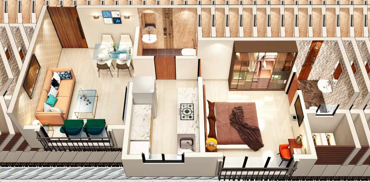 Illustrative 3D layout for a 1 BHK home with brochure RERA carpet area of 424 square feet