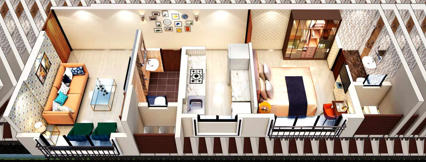 Illustrative 3D layout for a 1 BHK home with brochure RERA carpet area of 439 square feet