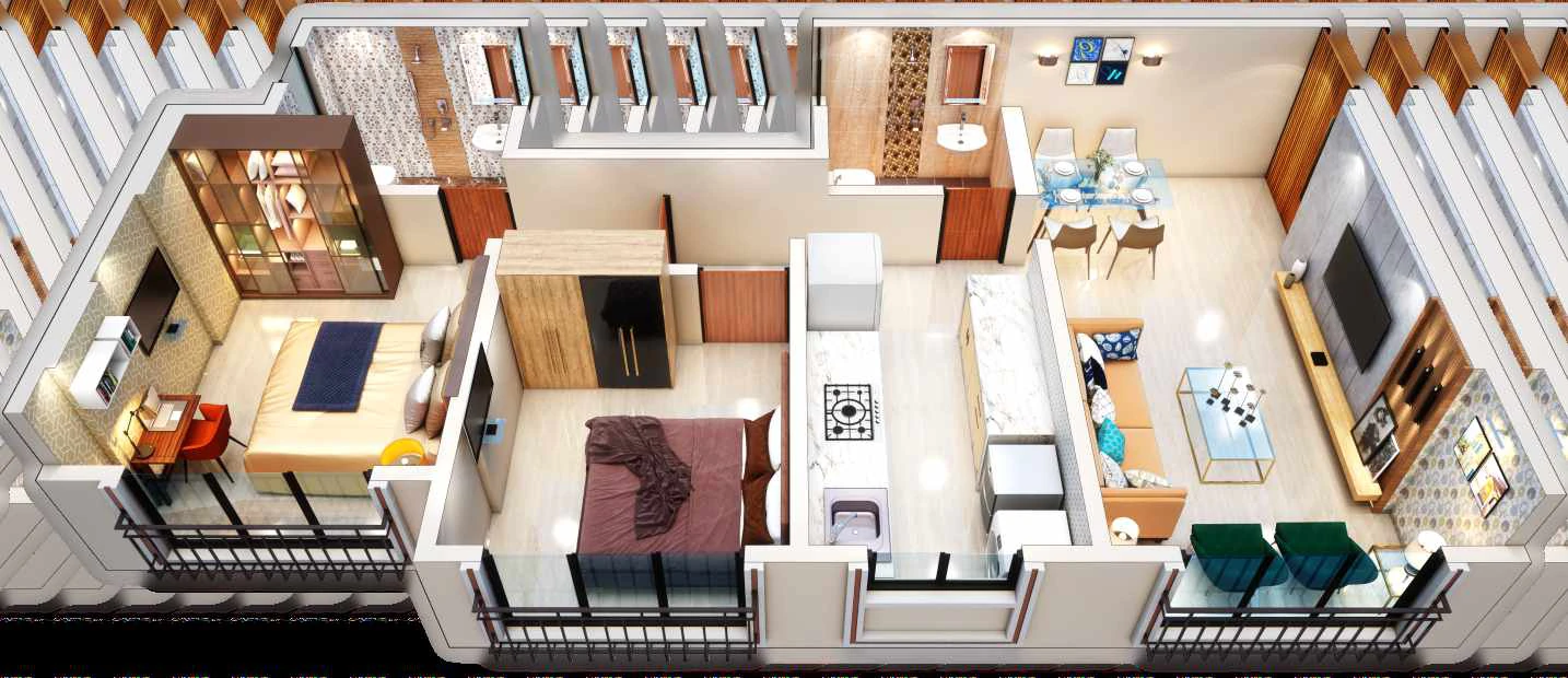 Illustrative 3D layout for a 2 BHK home with brochure RERA carpet area of 633 square feet